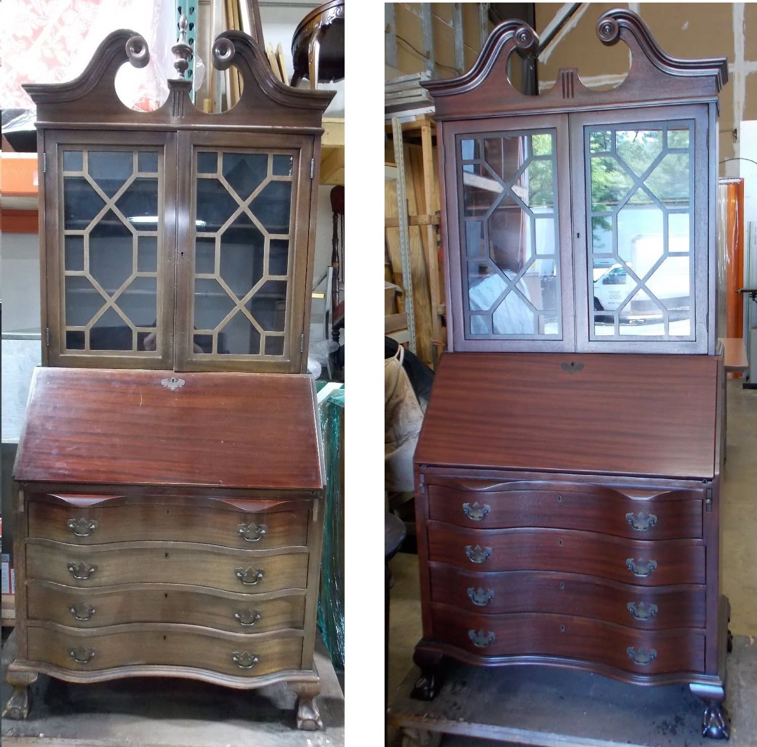 Before: a secretary desk with a glass-front bookcase top and a dull, worn finish. After: the same secretary refinished in a rich, glossy mahogany color.