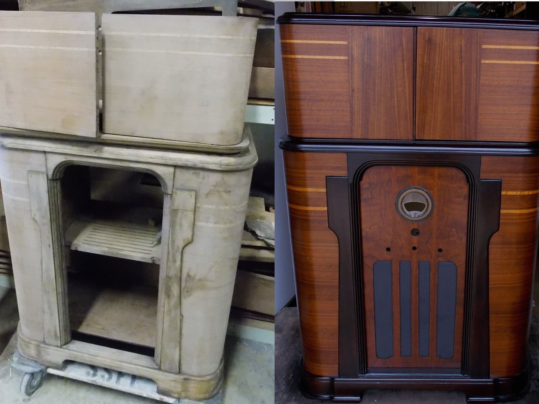 Before: a floor-standing console radio cabinet with pale, weathered wood. After: the same cabinet refinished in two-tone wood veneer with inlaid stripes.